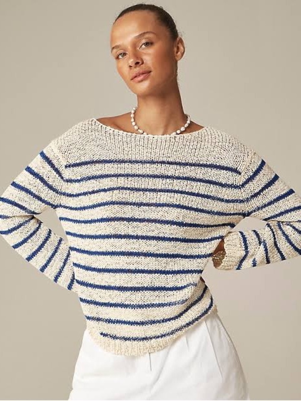 J. Crew Boatneck Montauk pullover sweater in stripe cream and blue M